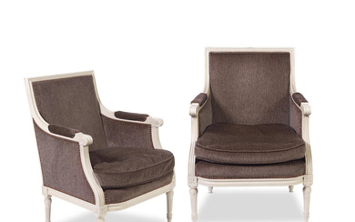 A pair of white-painted and grey plush upholstered bergères In...