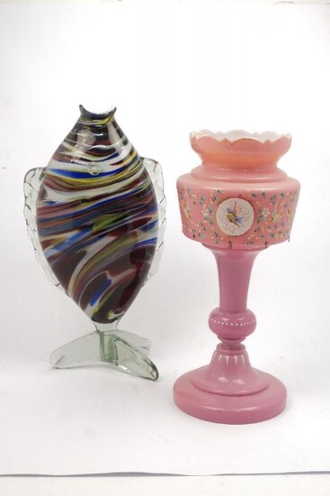 A pink glass vase with enamelled decoration...