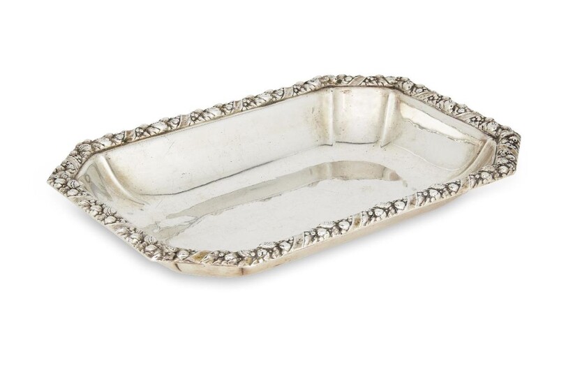 A rectangular serving dish, stamped 835, designed with decorative applied fruit rim and cut corners, 20.2 x 29.8cm, approx. weight 17.1oz
