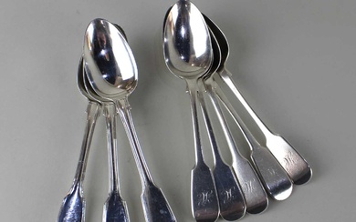 A set of five Victorian silver Fiddle pattern dessert spoons