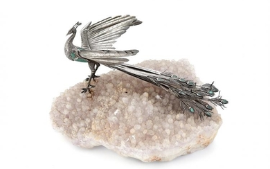 A silver, malachite and rock crystal specimen table ornament