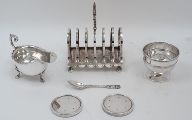 A small group of silver and silver plate, comprising: a silver sauce boat, Birmingham, 1966, J B Chatterley & Sons Ltd; a silver sugar bowl on spreading circular foot, Sheffield, 1908, James Deakin & Sons; a Scottish silver teaspoon, Edinburgh...