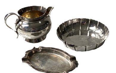 A small silver cream jug, and two silver dishes, the jug of globular form, hallmarked London 1882