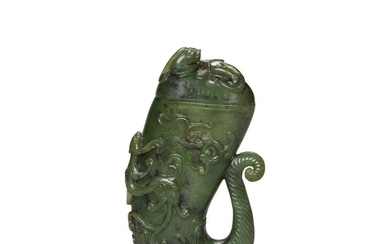 A spinach-green jade rhyton and cover, Qing dynasty, 18th/19th century | 清十八/十九世紀 碧玉螭龍紋角盃連蓋