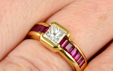 A square-shape diamond and calibre-cut ruby dress ring, by Chaumet.
