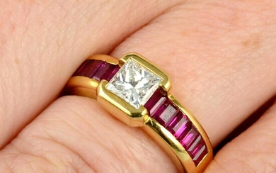 A square-shape diamond and calibre-cut ruby dress ring