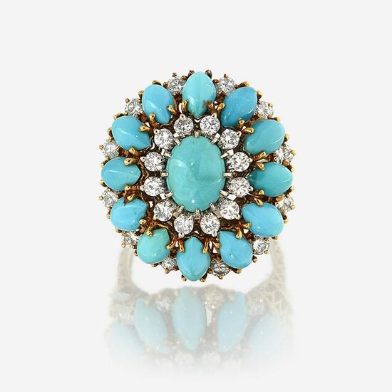 A turquoise, diamond, and eighteen karat gold ring