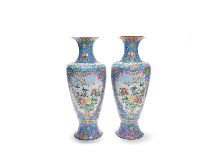 A very large pair of painted enamel vases