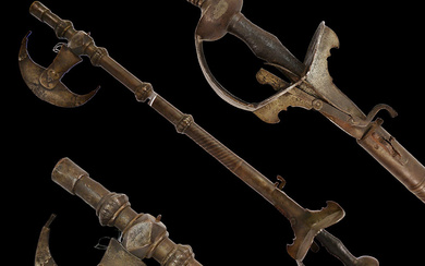A very rare Indian combinated battle axe with matchlock and...