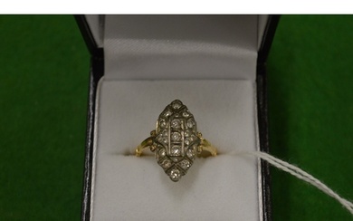 A yellow gold and diamond marquise shape ring, size O.