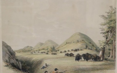 AFTER GEORGE CATLIN (American). BUFFALO HUNT, APPROACHING IN A RAVINE, Color lithograph no. 11 from