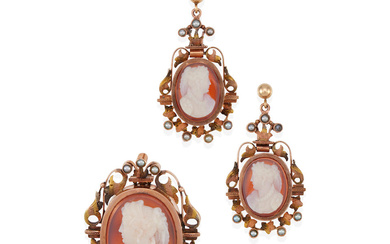 AN ANTIQUE 14K BI-COLOR GOLD, AGATE CAMEO AND PEARL BROOCH...