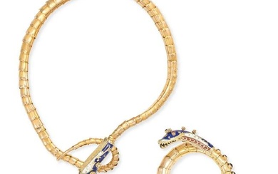 AN ANTIQUE ENAMEL, DIAMOND AND RUBY SNAKE NECKLACE AND BRACELET in yellow gold, each designed as a