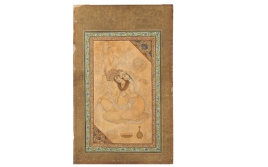 AN ARCHAISTIC SAFAVID-REVIVAL TINTED DRAWING OF TWO LOVERS Iran, 19th century