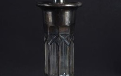 AN ART NOUVEAU SILVER OVERLAID GLASS DECANTER. 22 cm