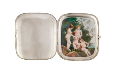 AN EARLY 20TH CENTURY GERMAN SILVER AND ENAMEL EROTIC CONCEALED CIGARETTE CASE, PFORZHEIM BY LOUIS KUPPENHEIM
