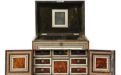 AN INDO-PORTUGUESE IVORY, GREEN-STAINED IVORY AND TORTOISESHELL-INLAID INDIAN ROSEWOOD TABLE CABINET, EARLY 18TH CENTURY