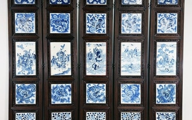 ANTIQUE 25 PANEL BLUE & WHITE TILES CHINESE SCREEN