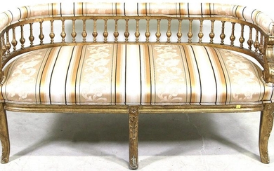 ANTIQUE SILK UPHOLSTERED BENCH WITH SPINDLE BACK