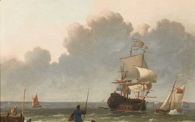 ATTRIBUTED TO LUDOLPH BACKHUIZEN A DUTCH COASTAL SCENE WITH MAN O' WAR