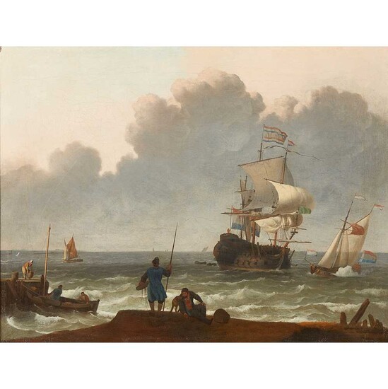 ATTRIBUTED TO LUDOLPH BACKHUIZEN A DUTCH COASTAL SCENE WITH MAN O' WAR