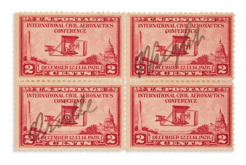 (AVIATORS.) WRIGHT, ORVILLE. Signature, written across a block of four 2-cent postage stamps...