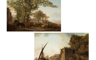 Abraham Louis Rodolphe Ducros, 1748 Moudon – 1810 Lausanne, VIA APPIA BEI FORMIA, MIT KUTSCHE UND REISEGESELLSCHAFT