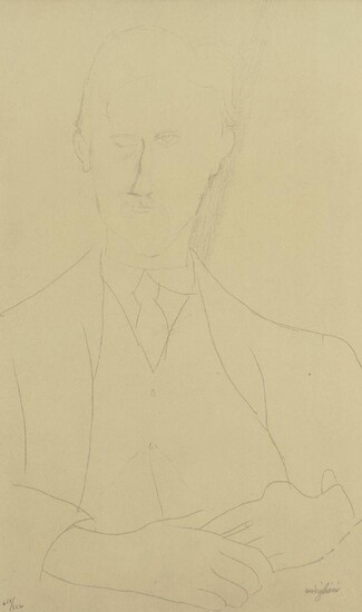 After Amedeo Modigliani, Italian 1884-1920- Portrait of Roger Dutilleul, 1959; lithograph in colour on wove, signed in the plate numbered LIX/CCL in pencil, from the Portfolio of Forty Five Drawings by Modigliani, the total edition was 1000...