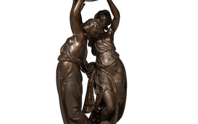 After Claudius de Chesne (France/London, 1693-1730), French Patinated Spelter Figural Mantle Clock