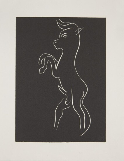 After Henri Matisse, French 1869-1954, Jeune taureau, or un meuglement; linocut in black and white on wove, with the HM blindstamp, edition issued by the heirs of Matisse in 1981, printed at the Atelier Fequet et Baudier, Paris, 32 x 25 cm...