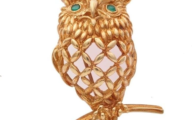 Agate, 14k Yellow Gold Owl Pin