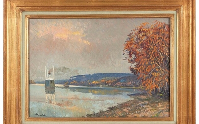 Albert MALET (1905-1986) La Seine à La Fontaine Huile sur isorel signée en bas à...
