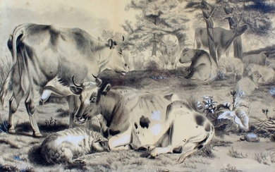 Alfred Bates, cows in a landscape, signed pencil and chalk, housed in a gilt glazed frame, the