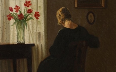 Alfred Broge: Living room interior with a woman seated near a window. Signed and dated Alf. Broge 1910. Oil on canvas. 63×51.5 cm.