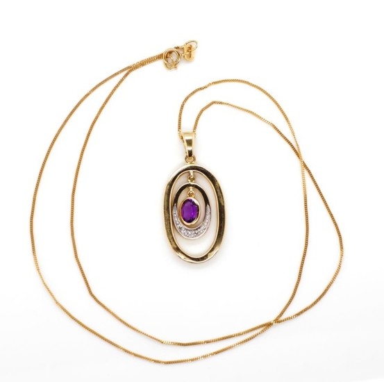 Amethyst and diamond set 9ct yellow gold pendant and chain. ...