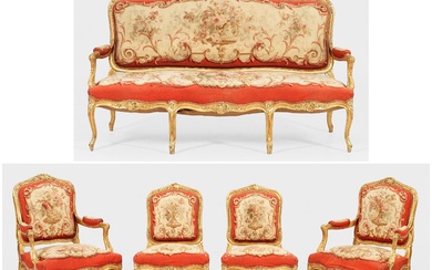 Ameublement Napoléon III 5 pièces ; canapé, paire de fauteuils et paire de chaises. Bois...