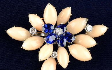 An 18ct gold Burmese sapphire, coral and diamond brooch, by Cartier.