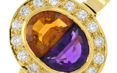 An 18ct gold amethyst, citrine and brilliant-cut diamond dress ring.