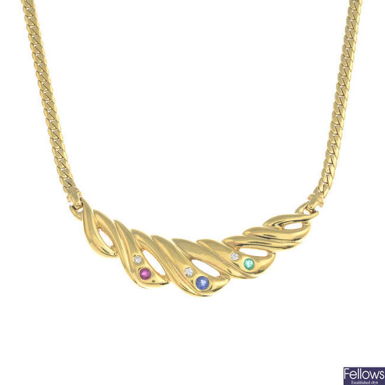An 18ct gold gem-set and brilliant-cut diamond necklace.
