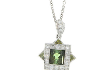 An 18ct gold green tourmaline and brilliant-cut diamond geometric pendant, with trace-link chain.