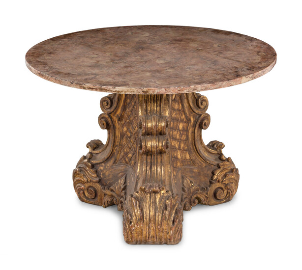 An Italian Baroque Style Carved Giltwood Marble-Top Pedestal Table