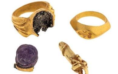 An amethyst cameo ring, a seal ring and a pendant, all in the ancient style, the amethyst cameo ring carved to depict the frontal profile of a woman inset to a fluted mount, ring size S, the seal ring depicting the intaglio of a phallus to a...