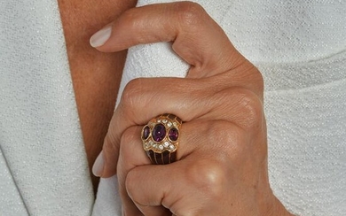 An amethyst, diamond, enamel and gold ring, circa 1980.