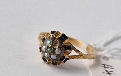 An antique gold enamel and pearl ring, 18ct, size O, 3.1 g