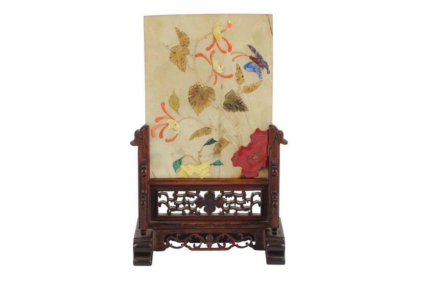 An early 20th Century Chinese Jade and hardstone table screen on stand