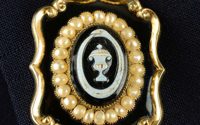An early Victorian gold carved onyx urn and ouroboros mourning brooch, with split pearl and black enamel surrounds.