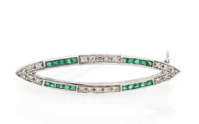 An emerald and diamond brooch set with numerous square-cut emeralds and brilliant-cut...