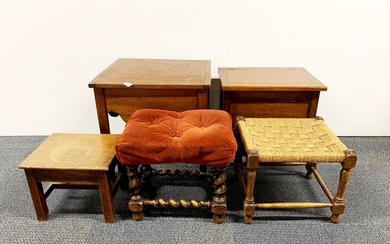 An oak work box, small oak table, mahogany work box and two stools.