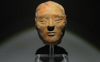 Ancient Chinese Terracotta Head of a Stickman Warrior. Han Dynasty, 206 BC-220 AD. 10.5 cm height.