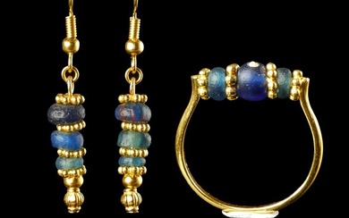 Ancient Roman Ring and Earrings with blue glass beads